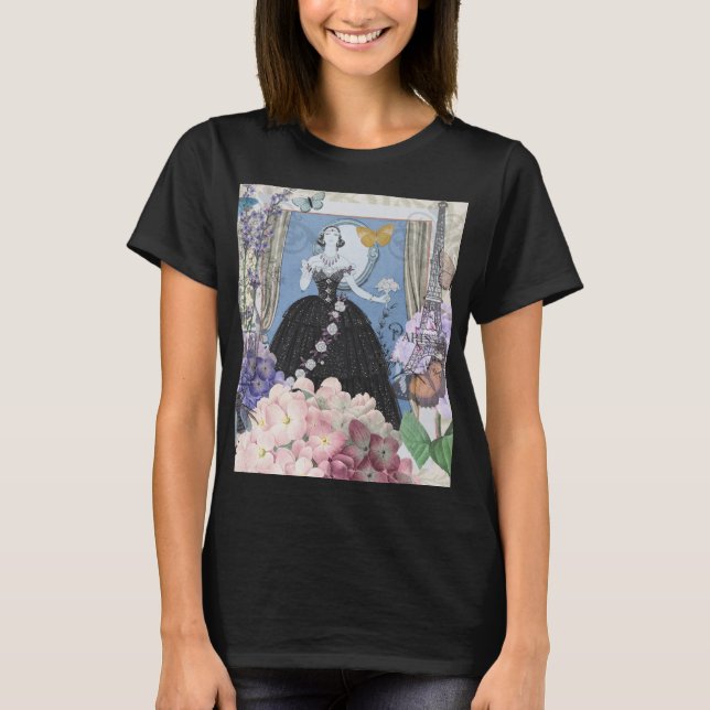 Camiseta Mulher Elegante Azul Vestido Floral Chique  (Frente)