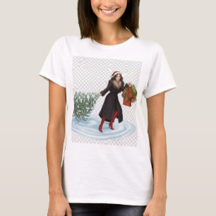 Camiseta Mulher Elegante com Chapéu de Papai Noel Puxando Á