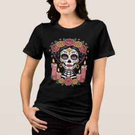 Camiseta Mulher Elegante do Dia dos Mortos Caveira de Açúca