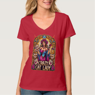 Camiseta Mulher Elegante Segurando Gatinho Com Gatos Ao Red