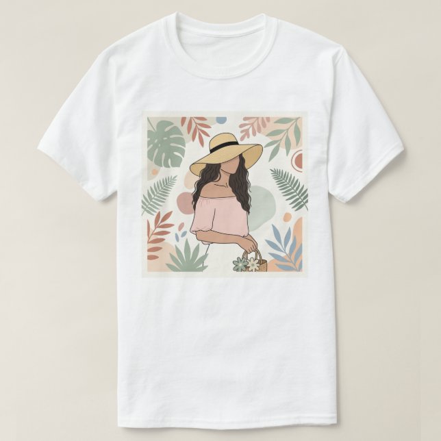 Camiseta Mulher em chapéu de palha com flores (Frente do Design)