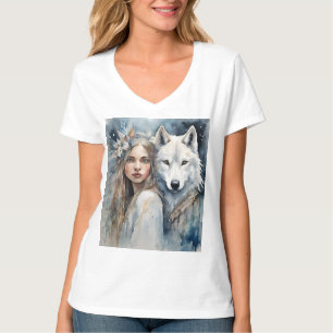 Camiseta Mulher eslava e Lobo branco