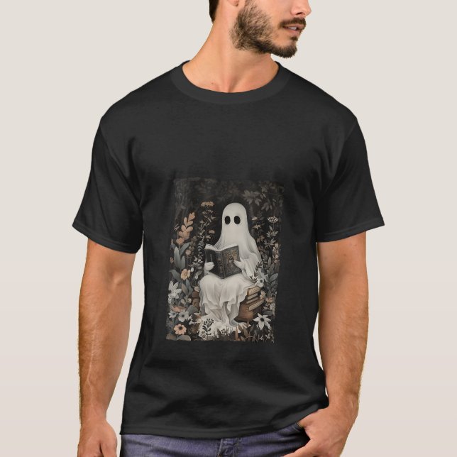 Camiseta Mulher Fantasma Lendo Livro Floresta Gótica Floral (Frente)