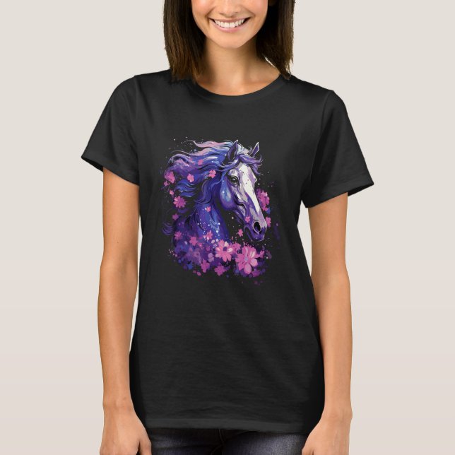 Camiseta Mulher Flor Cavalos Meninas Cavalgada Amante de Ca (Frente)