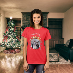 Camiseta mulher foto de família vermelho natal