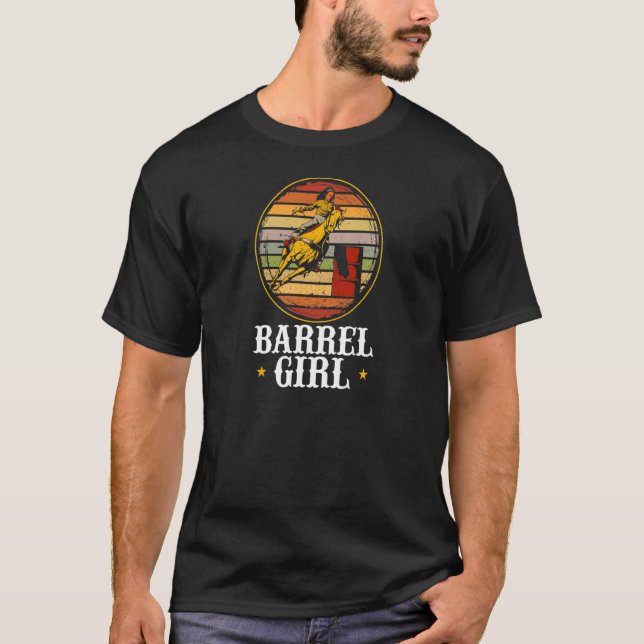Camiseta Mulher Garota do Barril Cavalgando Rodeio Texas Ba (Frente)