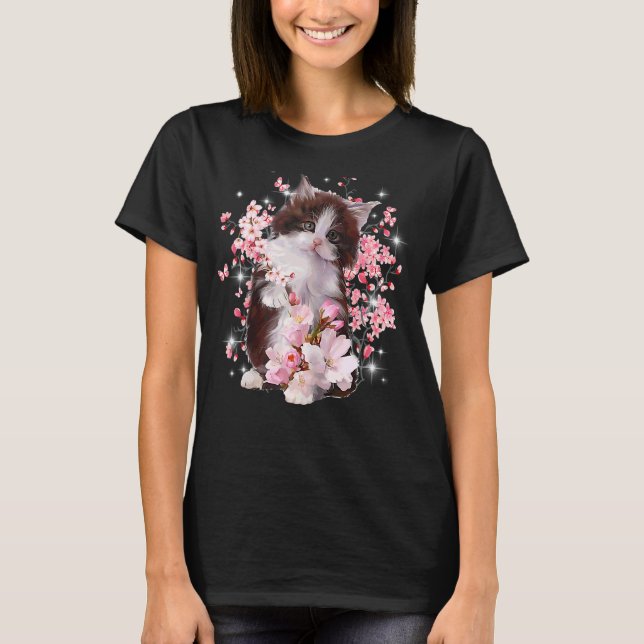 Camiseta Mulher Gata Flor Rosa Para Gato (Frente)