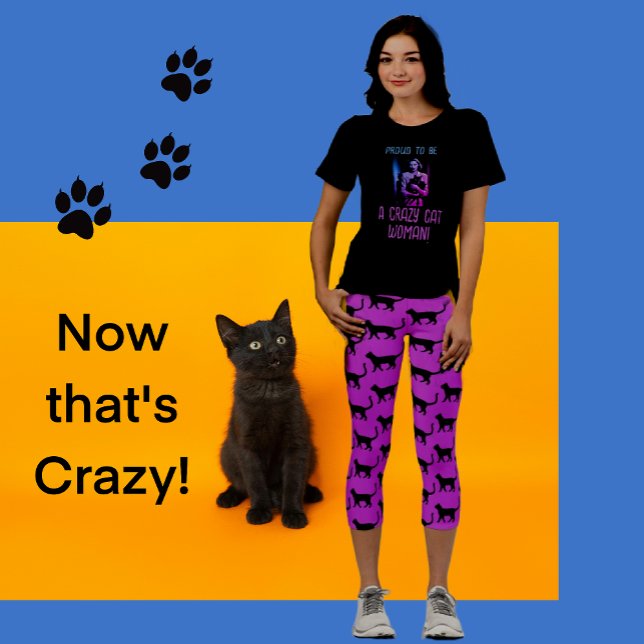 Camiseta Mulher-Gato Louca, Azul-Rosa Preta, Personalizada (Are you a crazy cat lady?)