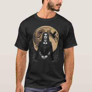 Camiseta mulher gótica e corvos sobre a lua