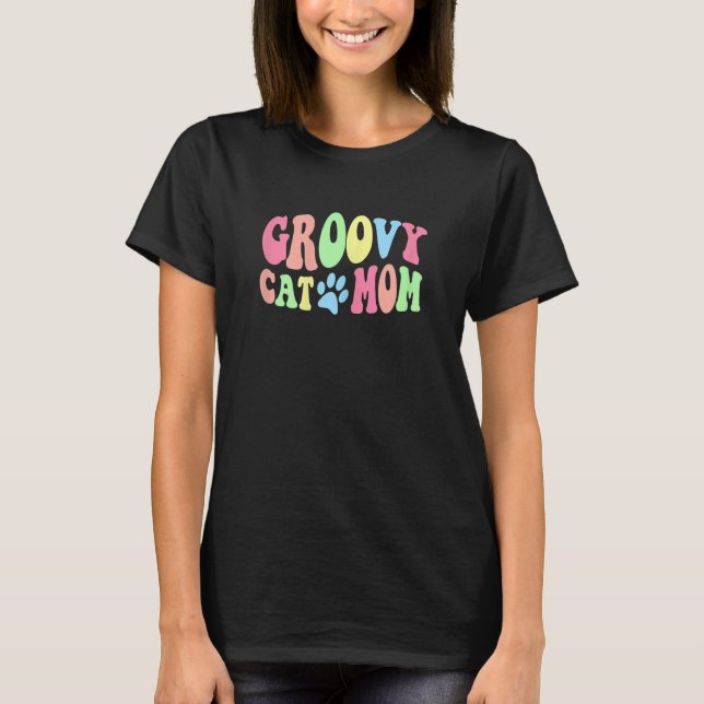 Camiseta Mulher Groovy Cat Mãe Arco-Íris Hippie Retro 70s (Frente)