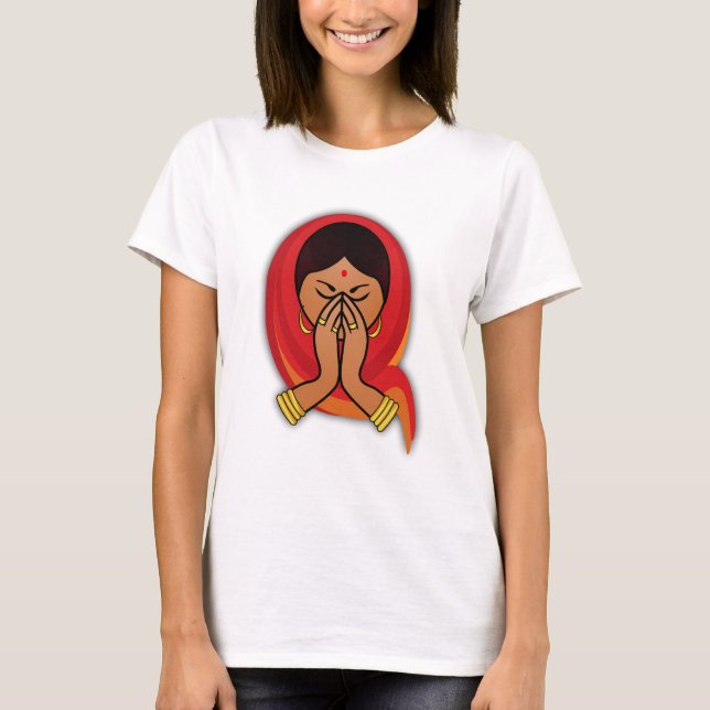 Camiseta Mulher Hindu com Scarf Chefe na Saudação de Namast (Frente)