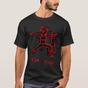 Camiseta Mulher ioga e gato na arte vermelha.