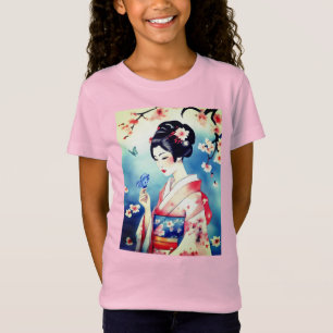 Camiseta Mulher japonesa com borboleta azul