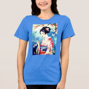 Camiseta Mulher Japonesa com uma Borboleta Azul