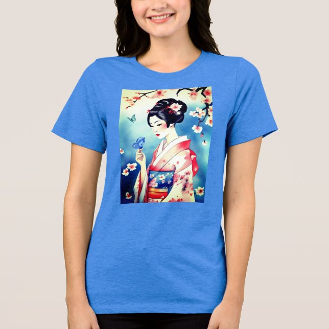 Camiseta Mulher Japonesa com uma Borboleta Azul (Frente)