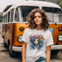 Camiseta Mulher Jovem Art Nouveau com Cabelo Azul