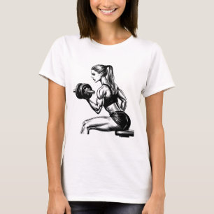 Camiseta mulher levantando pesos corporais construtora malh