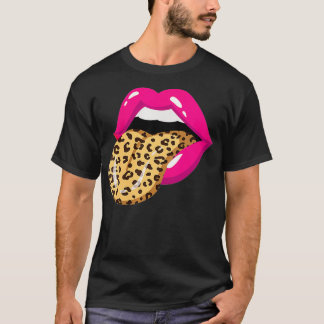 Camiseta Mulher Língua Saída Leopardo Imprime Dentes Boca L