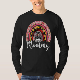 Camiseta Mulher Mamãe Leopardo Floral Rainbow Messy Bun Mot