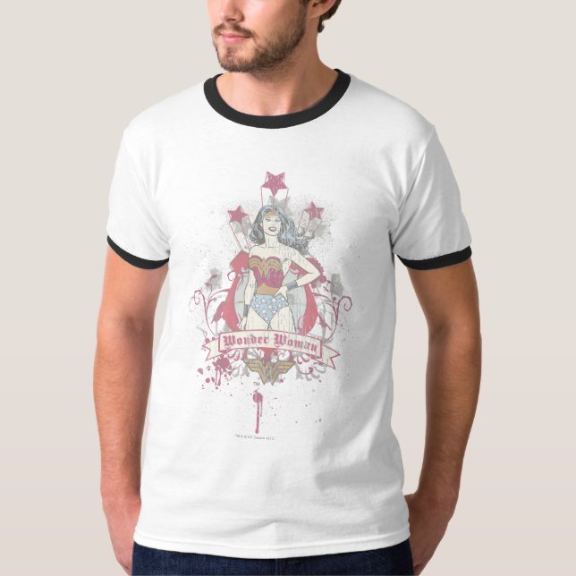 Camiseta Mulher Maravilha disparando estrelas (Frente)
