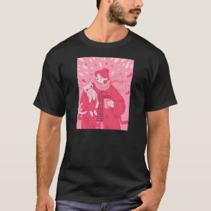 Camiseta Mulher menina em roupas quentes com um gato e um c