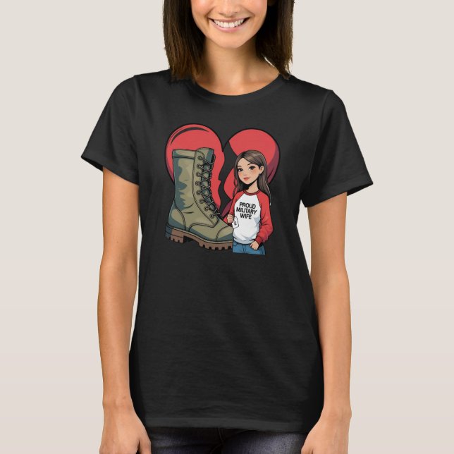 Camiseta Mulher Militar Orgulhosa - Coração "Boot Wife" (Frente)