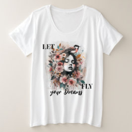 Camiseta Mulher Motivacional com Flores e Desenho de Pássar