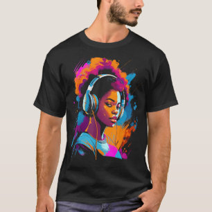 Camiseta Mulher Negra Afro-Americana Com Fones de ouvido
