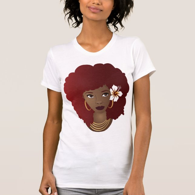 Camiseta Mulher Negra, Afro Vermelho, Flor no Cabelo Natura (Frente)