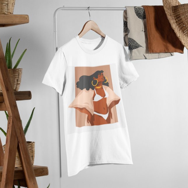 Camiseta Mulher Negra, Bikini Branco, Pronta para Férias de (Criador carregado)