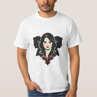 Camiseta Mulher no centro e dois homens do lado dela