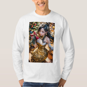 Camiseta mulher num vestido de ouro segurando uma rosa verm