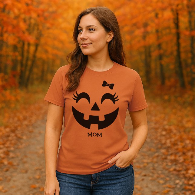 Camiseta Mulher Personalizada Cabeça de Jack O' Lanterna (Women's Jack O' Lantern Halloween Basic Dark T-Shirt)