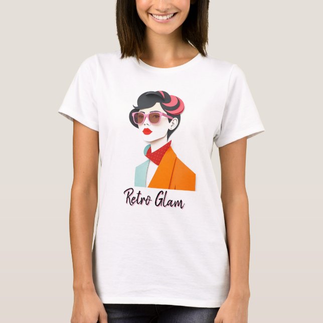 Camiseta Mulher Retro Elegante com Óculos de Sol Rosa (Frente)