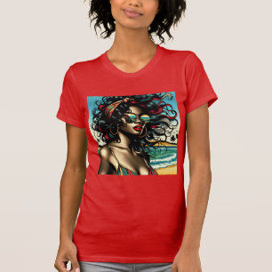 Camiseta Mulher Retro na Praia Estilo Cômico Pop Art
