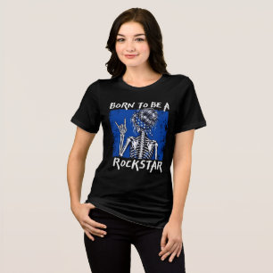 Camiseta Mulher Rockstar Esqueleto Azul Música Rock