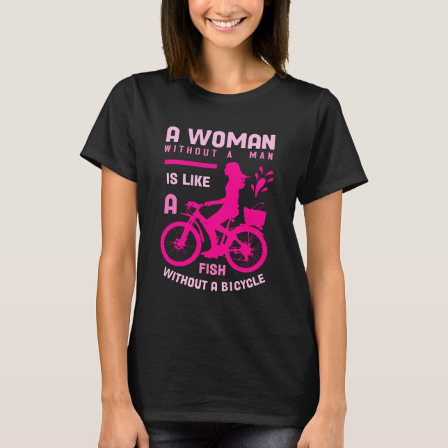 Camiseta mulher rosa sem homem como feminista de bicicleta  (Frente)