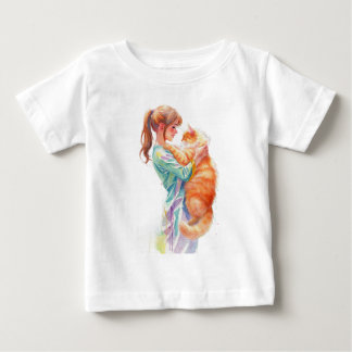 Camiseta Mulher segurando gato Maine Coon laranja fofinho