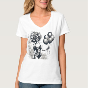 Camiseta Mulher segurando um monte de balões, linha de silh