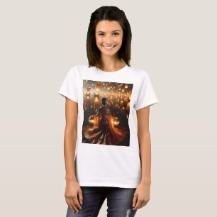 Camiseta mulher sentada em frente a uma lanterna flutuante