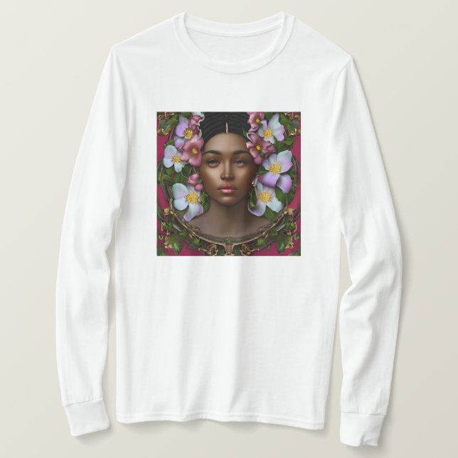 Camiseta Mulher Serena Afro-Americana com Flores (Frente do Design)
