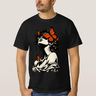 Camiseta Mulher Surrealista com Borboletas Laranjas Arte Re