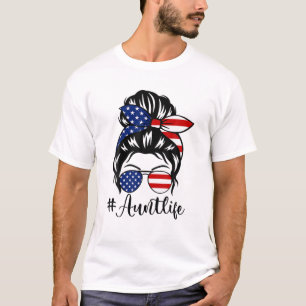 Camiseta Mulher Tia Vida Mensagem Bun Bandana Óculos de sol