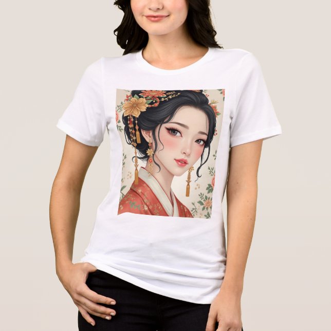 Camiseta Mulher vestindo roupas coreanas tradicionais (Frente)