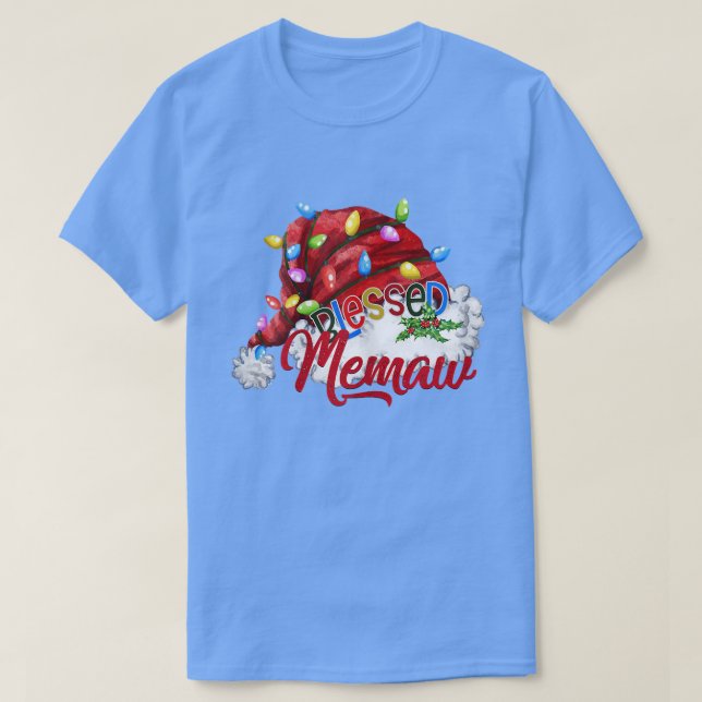 Camiseta Mulheres Abençoadas Memaw Santa Hat Xmas Light8 (Frente do Design)