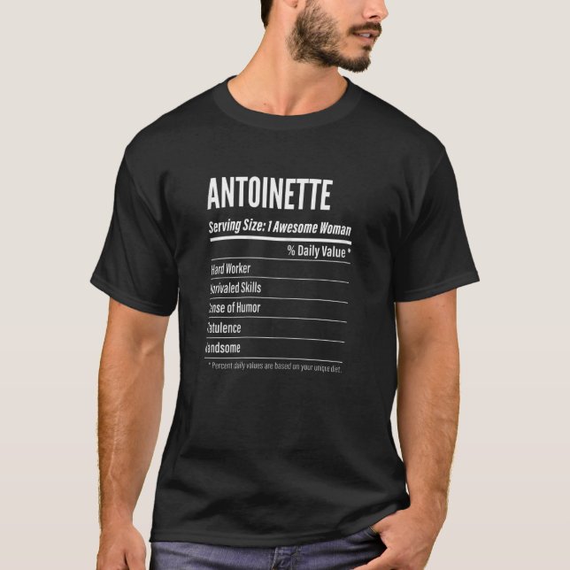 Camiseta Mulheres Antoinette Nutritional Facts Servindo Tam (Frente)