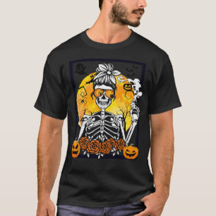 Camiseta Mulheres Bebendo Floral Pumpkin Skeleton Messy Bun