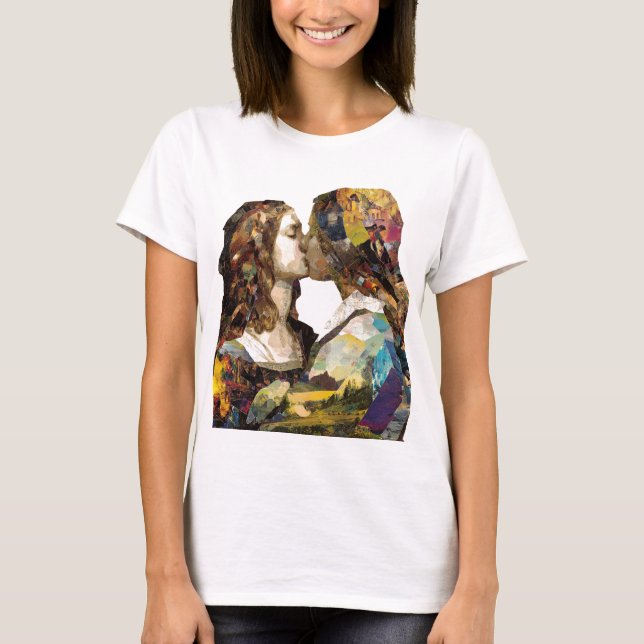 Camiseta Mulheres Beijando Colagem Mídia Mista (Frente)