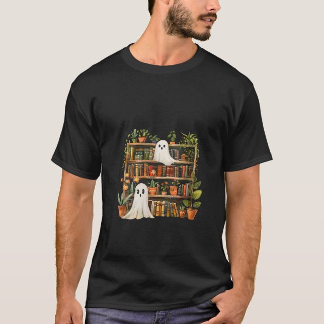 Camiseta Mulheres Bibliotecárias Cute Spooky Ghost Bookshel (Frente)