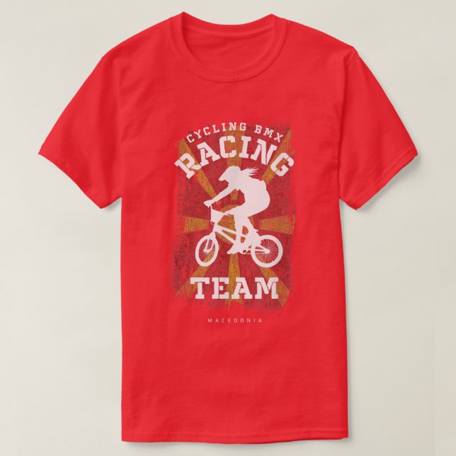 Camiseta Mulheres BMX Bike Macedônia Bandeira Ciclismo Raci (Frente do Design)
